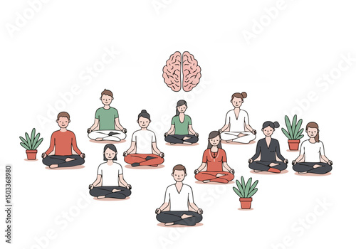 A serene group meditates outdoors, surrounded by plants. A stylized brain graphic highlights mindfulness. Calm, modern illustration for wellness and relaxation concepts.