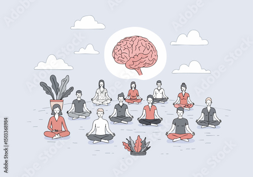serene illustration depicts diverse individuals meditating outdoors under a stylized brain Soft colors and a calming atmosphere promote health and wellness Ideal for health and mindfulness campaigns