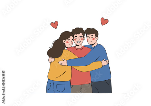 Three friends embrace warmly, conveying joy and connection. A heartwarming reunion illustration with hearts. Perfect for love, friendship, and celebration themes.