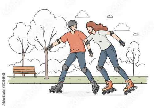 Two people roller skate joyfully outdoors in a park. They?re dressed casually, enjoying an active lifestyle. Vibrant colors and a sunny background create a cheerful scene.