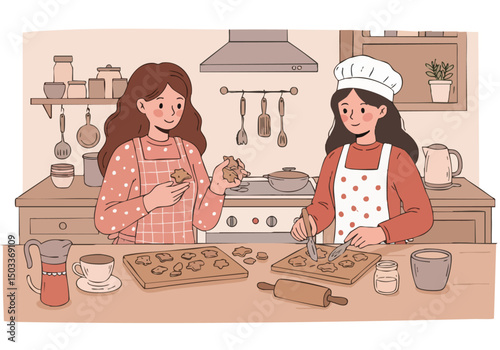 Two women bake together in a cozy kitchen, sharing cookies and enjoying a fun, collaborative baking session. Warm colors and a friendly atmosphere.