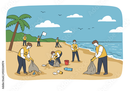 Volunteers clean a beach