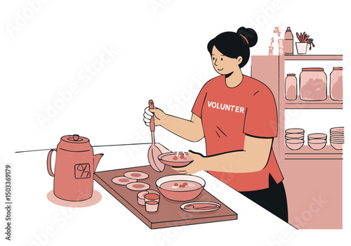 A volunteer prepares a warm meal with a ladle, surrounded by kitchen supplies.  Warm tones and a friendly composition create a comforting visual. Community service focus.