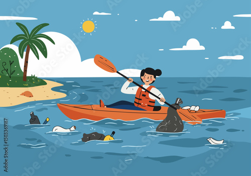 A smiling woman kayaks and cleans a beach, removing trash. Vibrant illustration style, promoting environmental awareness. Bright, optimistic scene.
