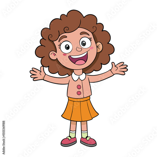 Happy cartoon girl with brown curly hair extends arms widely, isolated on white