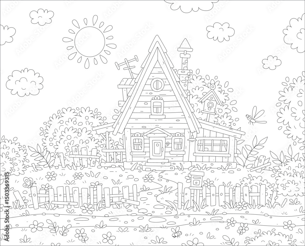Naklejka premium Pretty site with a cozy little wooden house and a small garden with a an old fence, fruit trees and bushes with berries on a sunny summer day in countryside, vector cartoon illustration