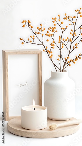 Scenic Still Life of a Burning Candle and Dried Branches