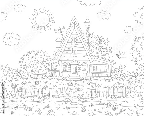 Pretty site with a cozy little wooden house and a small garden with a an old fence, fruit trees and bushes with berries on a sunny summer day in countryside, vector cartoon illustration
