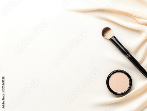 Beige Makeup Powder and Brush on Ivory Silk Fabric