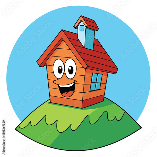 Happy cartoon house with smiling face sits atop a grassy green hill