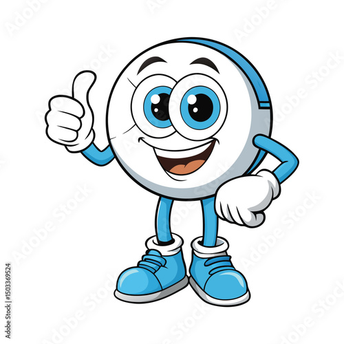 Happy cartoon white round pill character with blue trim smiles and gives a thumbs up