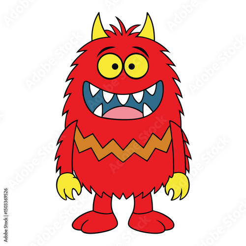 Happy cartoon red monster with yellow horns showcases his big blue teeth and smile