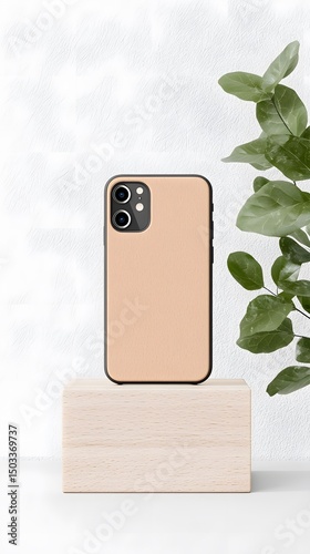 Beige Phone Case Mockup on Light Wooden Cube