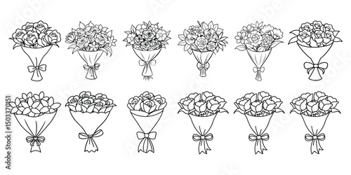 Hand Drawn Flower Bouquet Coloring Pages – Floral Wrapped Bouquet Line Art Set