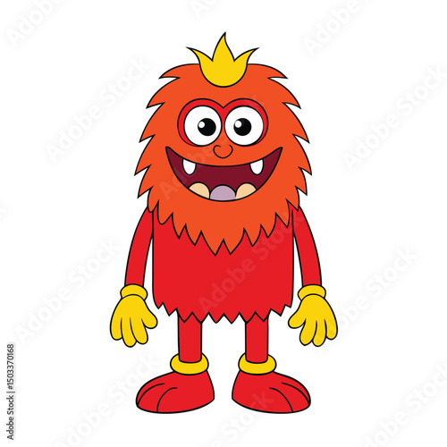Happy red monster with a small crown shows its big teeth on white