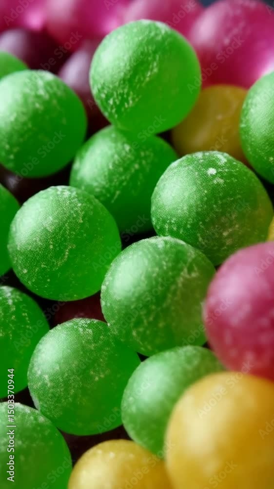 Close-up of brightly colored gumdrops candies in various shades and flavors, grouped together for sweet and colorful dessert confectionery