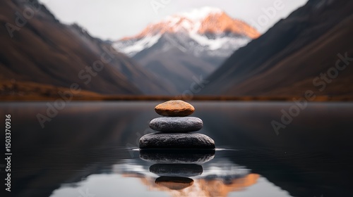 Serene High Altitude Lake with Stacked Stones and Mountain Reflection