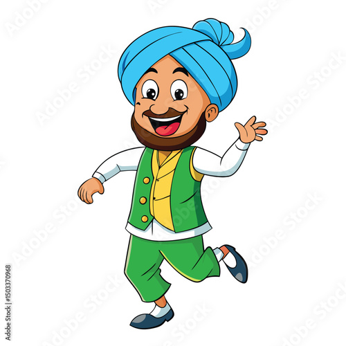 Joyful cartoon sikh man in traditional attire happily waves on a transparent background