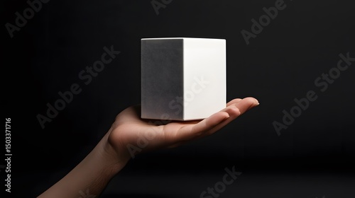 Hand Holding a Floating White Cube Against a Black Background