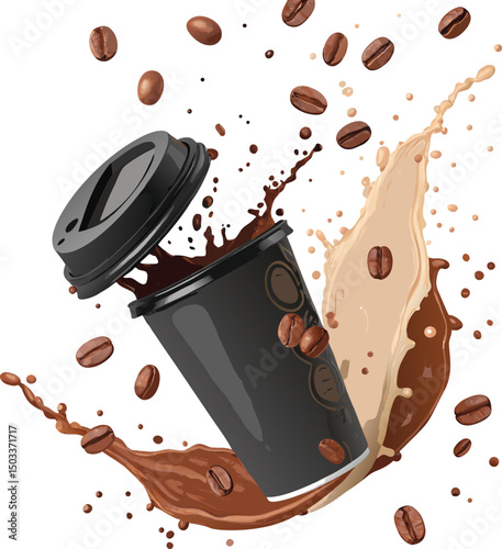 Brown coffee beans and chocolate form a sweet dessert pattern with a hot drink cup design