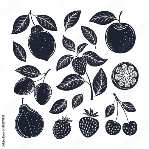 Lemon art vectors and Set of black fresh fruit with leaves icon silhouette collections