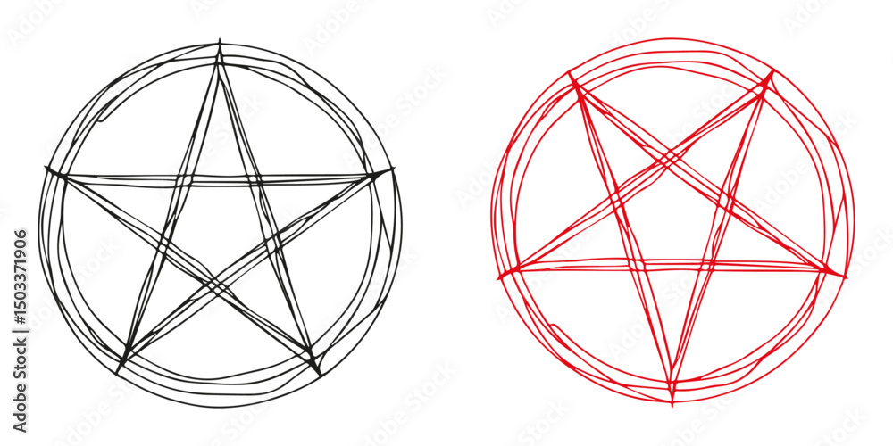 Obraz premium Set of handwritten style pentagrams. Black pentacle, reversed pentagram, magic occult symbols, vector design isolated on a white or transparent background.