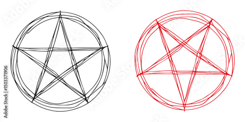 Set of handwritten style pentagrams. Black pentacle, reversed pentagram, magic occult symbols, vector design isolated on a white or transparent background.