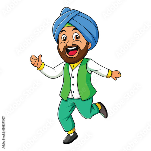 Joyful Sikh cartoon man with blue turban cheerfully jumps, raising a thumbs up with transparent background