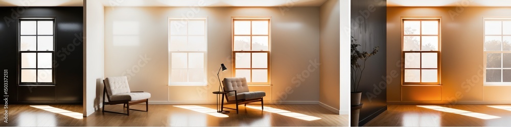 Fototapeta premium Contrasting Room Interior Design_ Black, White, and Warm Toned Rooms - Featuring Natural Light from Windows and Stylish Accent Chairs - Modern Home Decor Inspiration