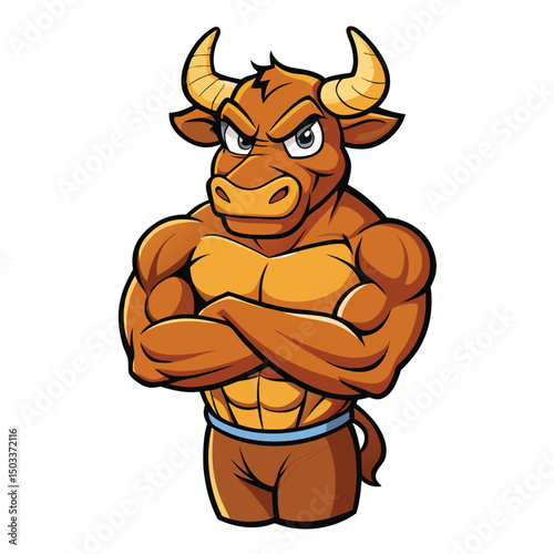 Muscular brown bull mascot confidently poses with arms crossed, presenting a powerful and imposing stance