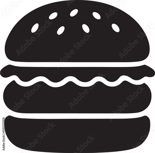 Silhouette vector of a classic hamburger with sesame bun, perfect for fast food branding, restaurant menus, snack bars, and food packaging.