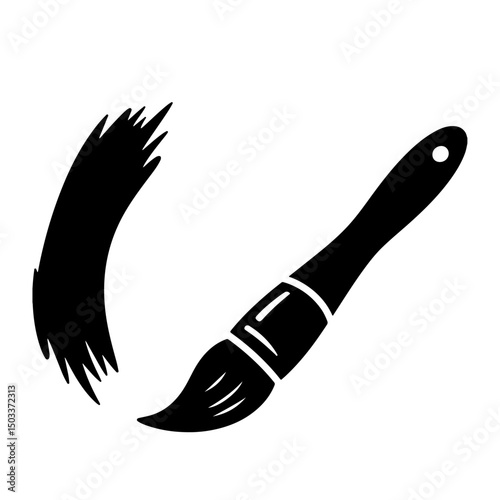 A paintbrush and a stroke of paint, illustrated in a simple black silhouette style.
