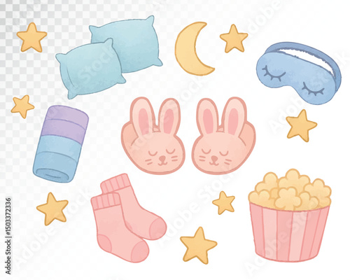 Watercolor illustration of sleepover essentials: bunny ear slippers, socks, eye mask, pillow, popcorn, and stars. Cute pastel style