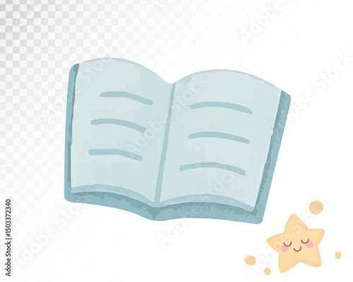 Watercolor illustration of an open book with a smiling star. Soft blue palette for bedtime stories and educational designs