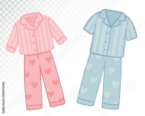 Watercolor illustration of a pair of striped pajamas in pink and blue. Ideal for kids’ clothing, bedtime stories, or nursery themes.