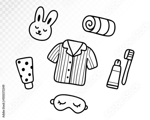 Black and white line art illustration of sleepover items including shirt, eye mask, bunny, toothbrush, toothpaste, and snack. Simple and playful sketch style