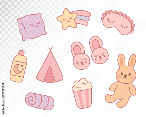 Sleepover Set with Sleep Items for Fun Night Themes in Soft Colors for Kids Decor