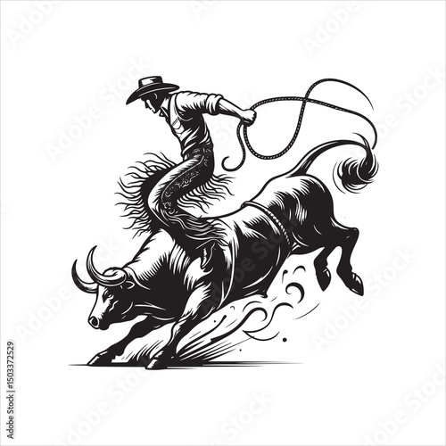 Bull Rodeo Showdown – Cowboy Riding a Bucking Bull in Action