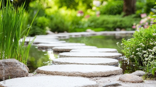 Serene Stepping Stones Pathway Across a Still Water Garden