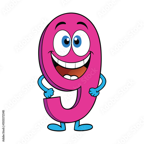 Number nine cartoon character cheerfully smiles with blue arms and feet on a white background