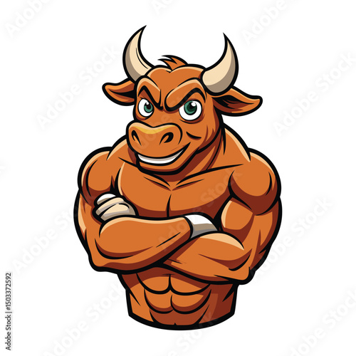 Muscular brown cartoon bull stands proudly, sporting green eyes and arms crossed confidently