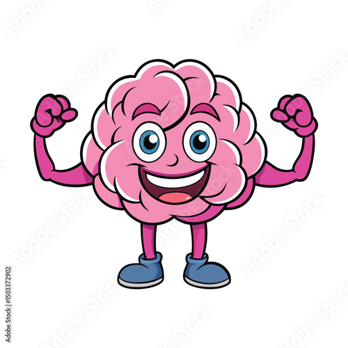 Pink brain cartoon character confidently flexes muscles with a cheerful smile for everyone