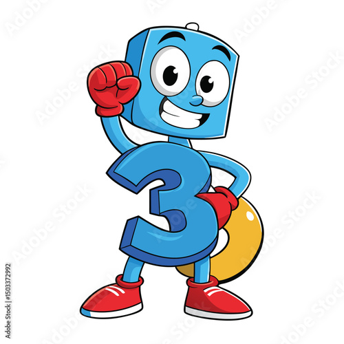 Number three boxing cartoon character with gloves and shoes looks confident and ready
