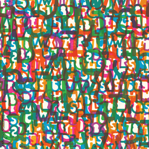 abstract vector color seamless pattern background with contours letters of simple, thick humorous geometric letterform font with holiday and party theme. Latin alphabet letters, numbers. Not used ai