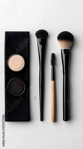 Black and Beige Eyeshadow Palette with Makeup Brushes on White Background