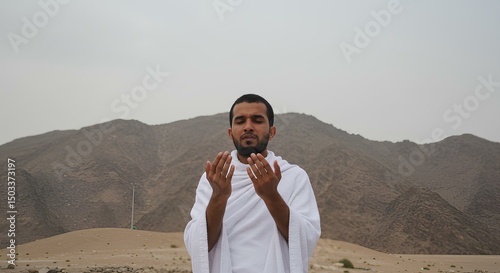 Devout Muslim Man Praying During Hajj in Open Air – Ideal for spiritual articles, Islamic devotion themes, pilgrimage ads, or religion-focused campaigns and Ramadan visuals photo