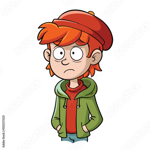 Redhaired boy with hands in his green jacket pockets seems unhappy today