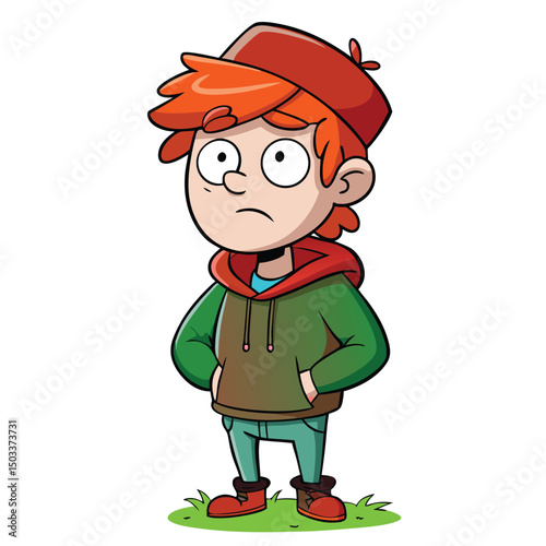 Redheaded cartoon boy with hands in his hoodie pockets stands frowning on grass