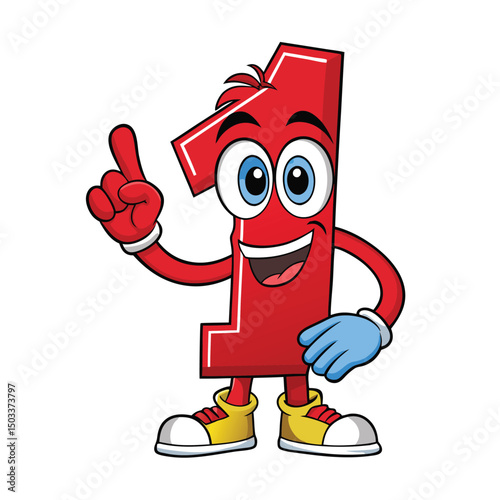 Red number one character stands smiling with a raised finger on a white backdrop