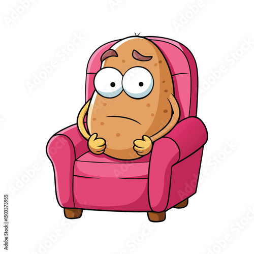 Sad potato character sits alone, looking forlorn in a plush pink armchair